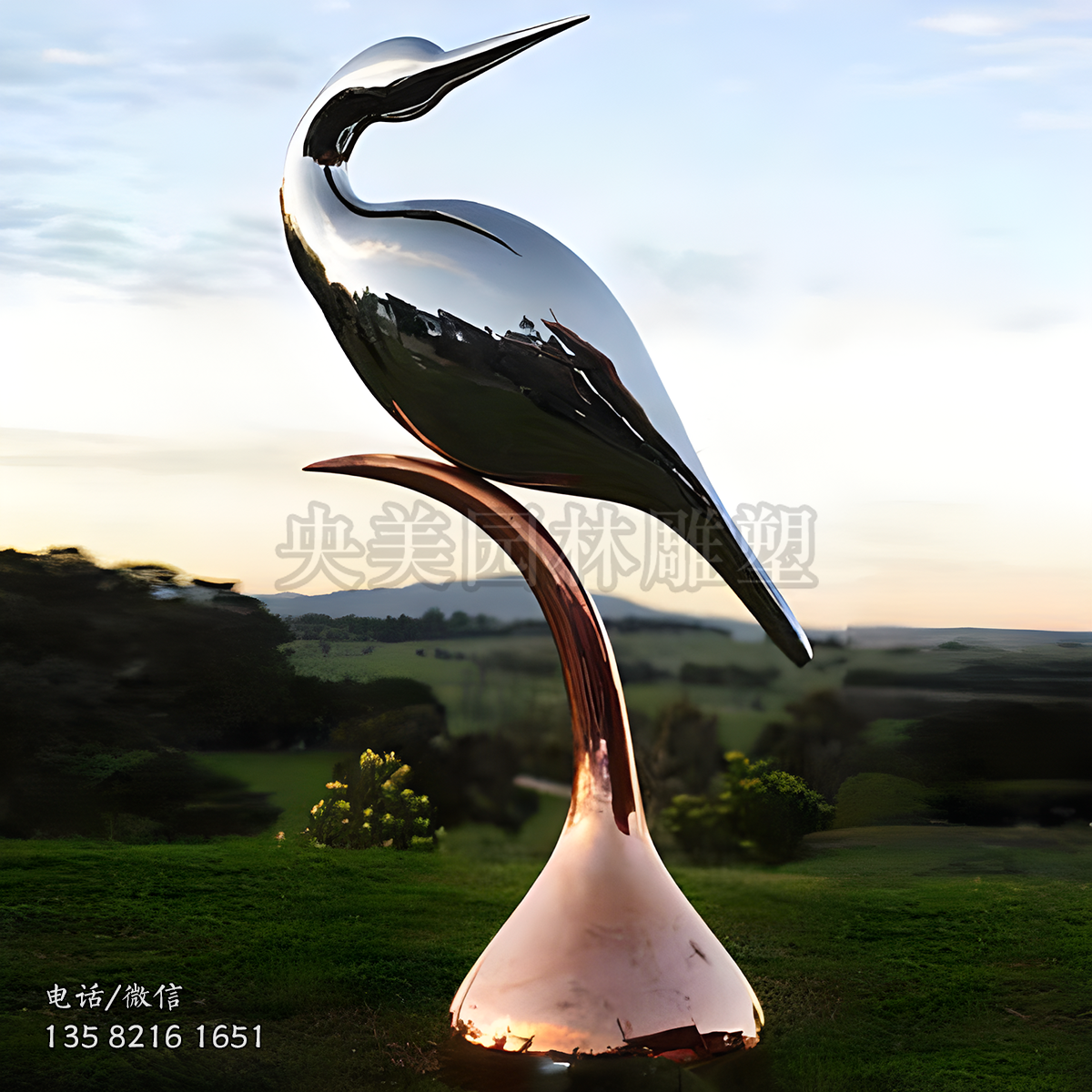 鏡面不銹鋼抽象仙鶴造型雕塑