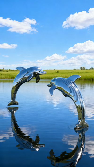 鏡面不銹鋼海豚雕塑 (1)